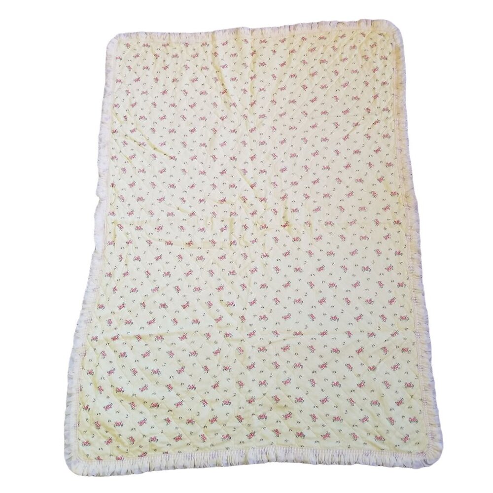 Yellow Quilted Floral Baby Blanket Satin Trim Gift Vintage Bedding Gift Ditzy Pr